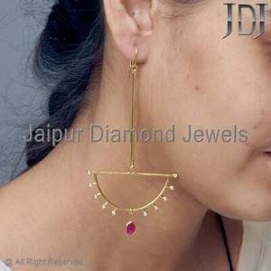 Genuine Diamond Solid 14k Yellow Gold Jewelry Ruby Gemstone Designer Earring - Picture 1 of 14