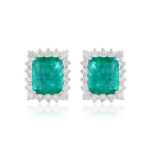 7.55ct Tw Natural Zambian Emerald Ear Stud 10K White Gold Earrings Jewelry Gift