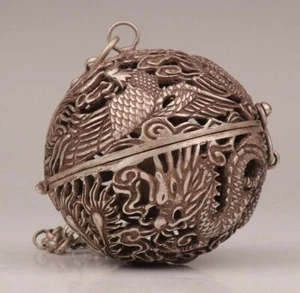 Exquisite Old TIBET SILVER PENDANT INCENSE BURNER BALL DRAGON PHOENIX SACRED YT - Picture 1 of 10