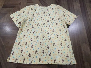 Disney Scrub Top Sz Large L Yellow Nurse Shirt Medical Bambi Themed Deer Floral - Picture 1 of 8