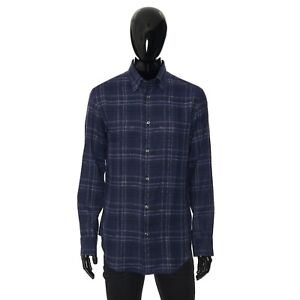 BRIONI 725$ Blue Linen Fitted Shirt - Check, Longsleeve