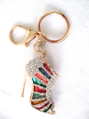 Jeweled Stiletto Heel Shoe Key Ring Fob Holder Crystals Enamel - Image 1 of 3