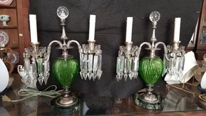 PR ANTIQUE PAIRPOINT CUT GLASS green lamps w/ prisms bubble glass finials prisms - Picture 1 of 1