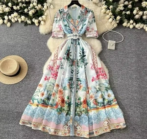 Fashion Summer Chain Flower Print Midi Runway Dress Women Turn Down m-xxl - Picture 1 of 2