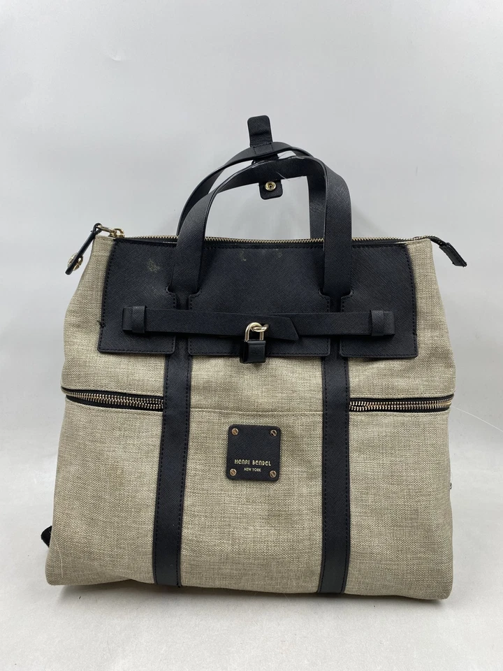 Henri Bendel Beige Black Two Tone Canvas Leather Backpack Handle Bag - Image 1 of 4