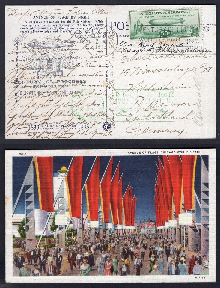 USA 1933 ZEPPELIN Flight Chicago Expo to Germany, Backstamp FRIEDRICHSHAFEN - Image 1 of 3