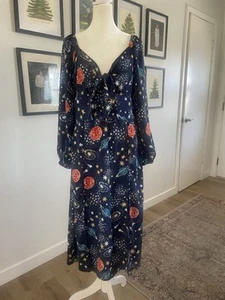 NEON ROSE STELLA Celestial Print Outer Space DRESS Galaxy MIDI Tie Front Sz Med - Picture 1 of 9