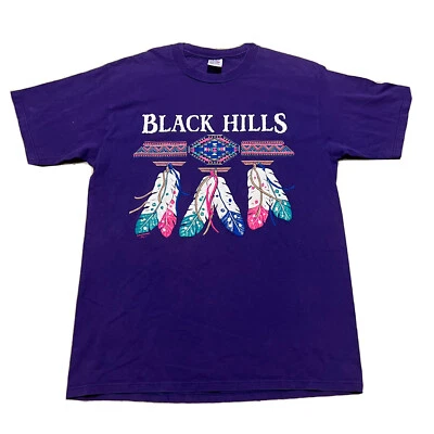 Vintage Black Hills Dakota Feathers T Shirt Mens L 90s Purple Graphic Tee - Image 1 of 4