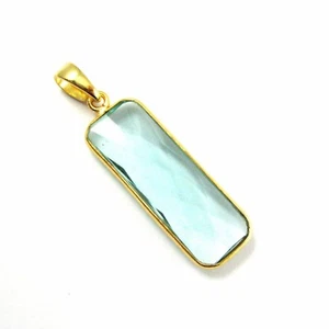 Aqua Quartz Rectangle Bezel Gem Pendant with Bail-22K Gold Vermeil 41mm - Picture 1 of 6