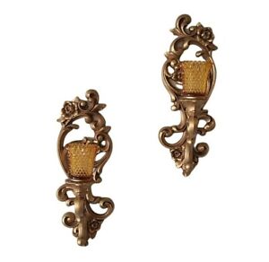  Homco Ornate Gold Floral Scroll Wall Sconce Amber Diamond Point Candle Holder 