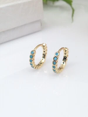 925 Sterling Silver Turquoise All Around Huggie Hoop Earrings Womens 13mm/10mm - Image 1 of 4