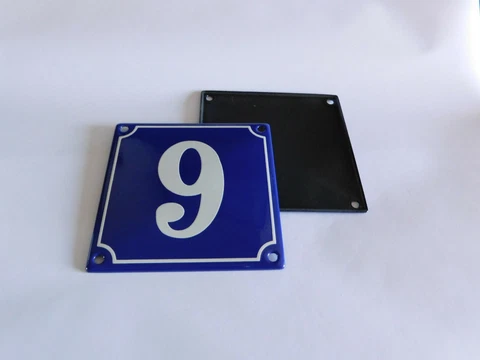 Old French Blue Enamel Porcelain Metal House Door Number Street Sign / Plate # 9 Cover