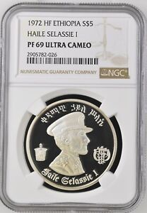 1972 Ethiopia 5 Dollars Silver Proof NGC PF69 Ultra Cameo Haile Selassie & Lion