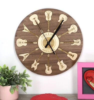 11.5" Wooden Guitar Wall Clock, Guitar Clock, 3D Guitar, Music Room Decor. - Image 1 of 4