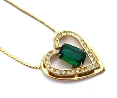Collar Colgante Corazón Verde Esmeralda Gema y Estrás Acentos En Cadena 18" Foto 1 de 4