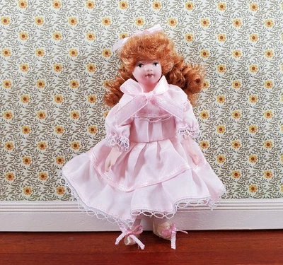 TOWN SQUARE MINIATURES Dollhouse Victorian Girl Doll Fancy Pink Dress Porcelain Poseable 1:12 Scale