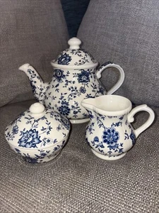 Broadhurst Ironstone Jacobean Blue & White Chintz Floral Teapot Sugar & Milk Set - Picture 1 of 17