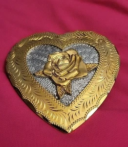 Rose Western Heart Shaped 24k Plated Ladies Belt Buckle - Picture 1 of 4