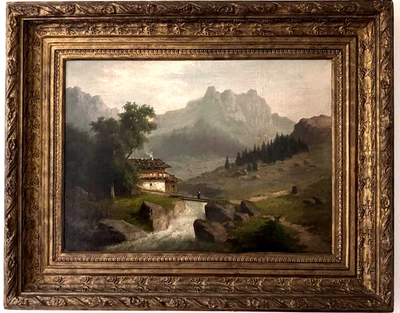 Antique Large oil painting figures in Alpine Landscape framed 91/72 cm - Image 1 of 4