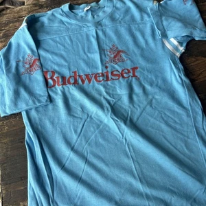 Vintage 70er 80er Anheuser Busch Budweiser Artex Ringer Henley Baseball L blau Logo - Bild 1 von 10