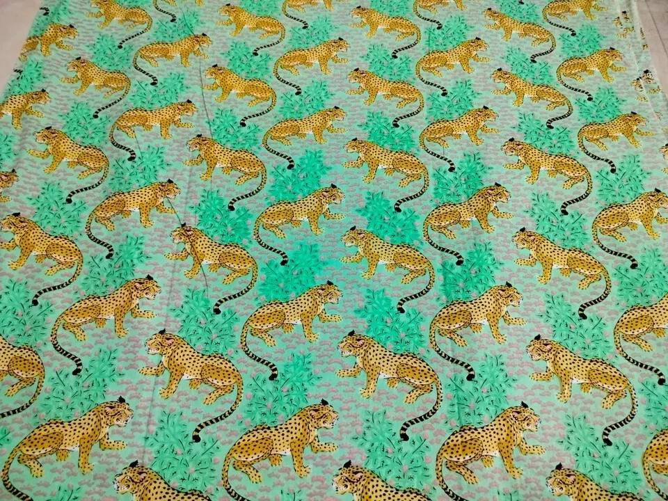 25 Yards Fabric Indian Green Tiger Hand Printed Cotton Fabric Sewing Fabrics - Image 1 of 4