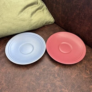 Vintage Super-Fine Branksome Stoneware 2 Pastel Harlequin Tea Saucers Red & Blue - Picture 1 of 6