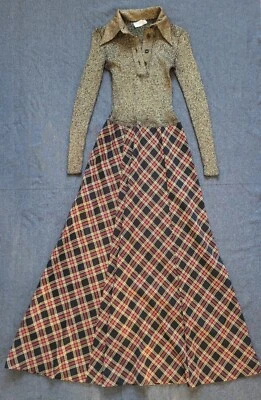 Vestido maxi vintage Crissa Linea Italiana Itália lã tartan dourado vermelho feriado P - Imagem 1 de 4