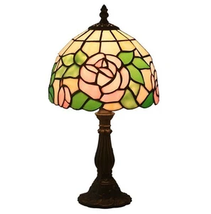 Tiffany Style Antique Stained Glass Table Lamp Pink Rose Lamp Shade Zinc Allo... - Picture 1 of 8