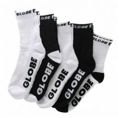 Paquete de 5 calcetines Globe cuartos negros blancos Crew talla 2-8 Skateboard Sox Foto 1 de 3