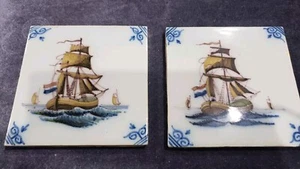 Vintage 2 Delft Blue Hand Painted Glazed Tile Ship Makkum Holand - Picture 1 of 3
