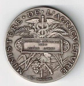 FRANCE 1889 UNIVERSAL EXPOSITION BOVINE MINISTRY OF AGRICULTURE SILVER MEDAL - Picture 1 of 2
