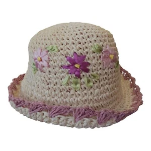 H&M Girl's Floral Straw Sun Hat Youth Size 4-6 Easter Spring Purple Ribbon - Picture 1 of 13