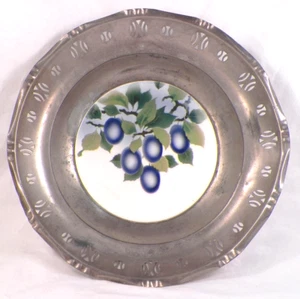 B F Germany Porcelain Bowl Plums Pewter Filagree Edge Antique As Is - Picture 1 of 8