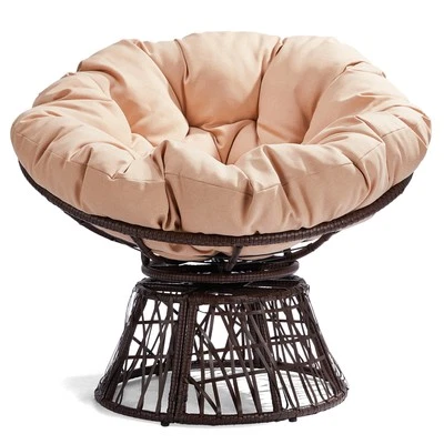 Silla Giratoria Exterior Forma Radar Marrón Oscuro Ratán Beige Cojín Huevo Silla Foto 1 de 4