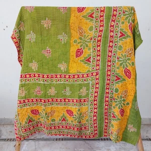Indian Green Boho Kantha Quilt Handmade Blanket Twin Size Bedspread Cotton - Picture 1 of 4
