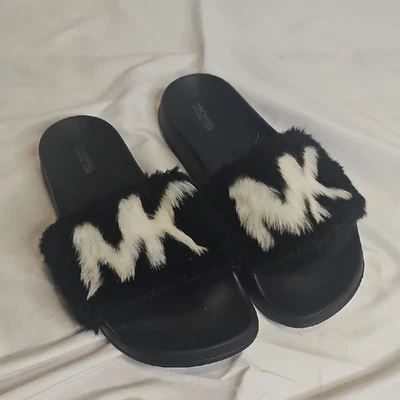 Michael Kors Black and White Faux Fur Sandals Slides Women's MK Size 9 - Image 1 of 4