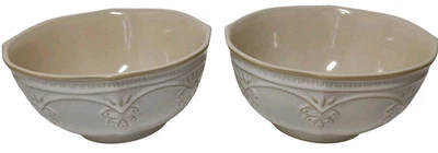 Pioneer Woman Farmhouse Lace Linen Bowls Stoneware Beige Cream Cereal Set of Two - Image 1 of 4