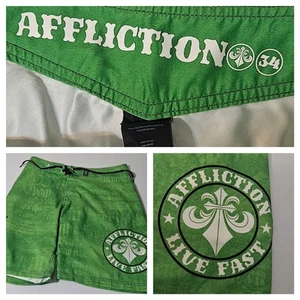 Affliction Men Shorts 34 Green Board Shorts Skeleton Crow Grunge MMA Y2K - Picture 1 of 10