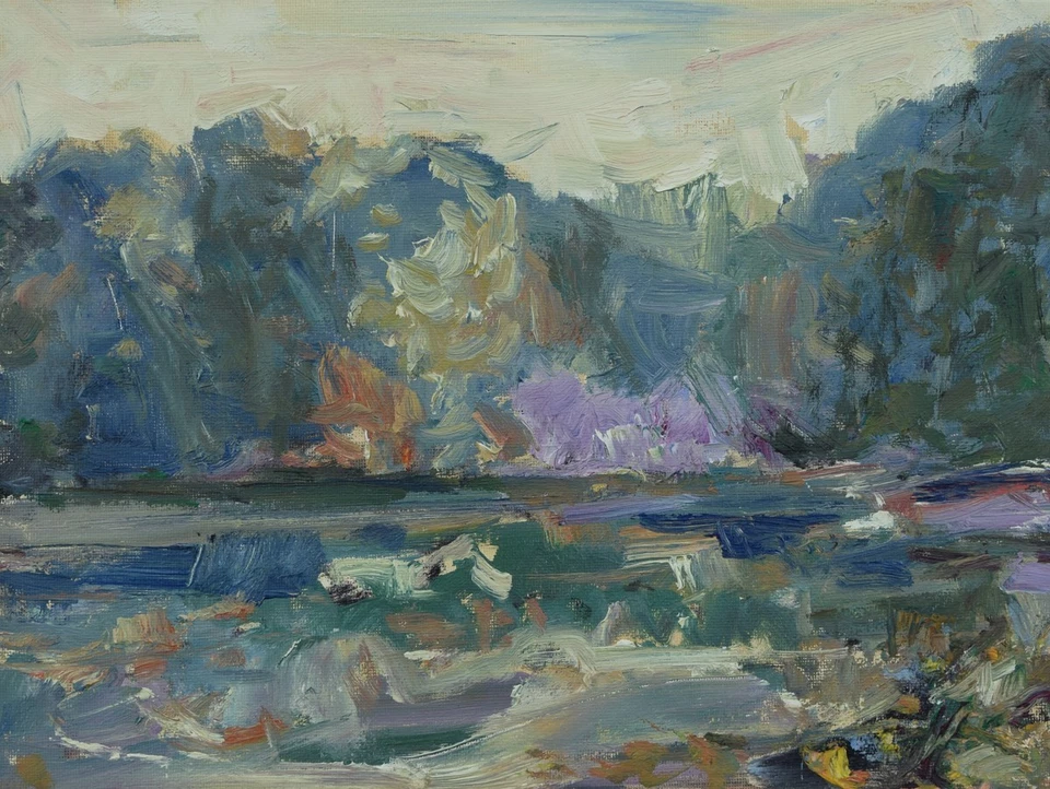 Искусство оригинальная картина маслом RM Mortensen «Company Island» реки абстрактный реализм - Изображение 1 из 1