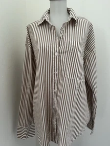 American Eagle NEW W/Tag Oversizd M  100% Cotton Brown/WT Stripe Button-Up Shirt - Picture 1 of 8
