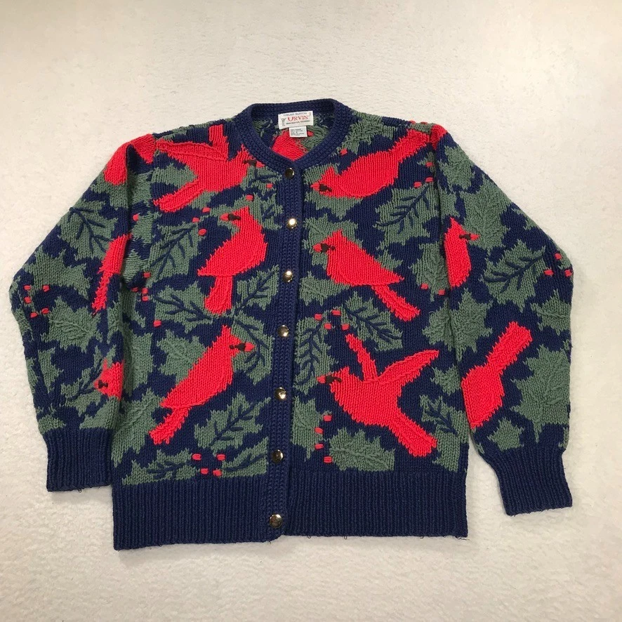 Cardigã suéter feminino vintage Orvis pequeno vermelho azul cardeal pássaros Ramie algodão - Imagem 1 de 4