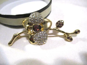 AVON "Flower Market Purple Brooch" Goldtone w/Rhinestones & Faux Stones 2" L  - Picture 1 of 10