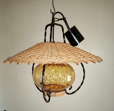 Hängelampe vintage ca. 70er Jahre Korbgefecht Glas Eisen - Bild 1 von 4