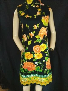 1960's VINTAGE BLACK & ORANGE FLORAL COTTON DRESS BYJANET LYNN--36" BUST-USA - Picture 1 of 5