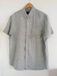 Magaschoni Herren grau gestreift Leinen Button Down Kurzarm Hemd Größe Large - Bild 1 von 5