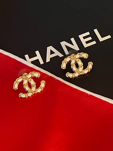 Gold Plated White Leather Chanel CC Stud Earrings - Picture 1 of 3
