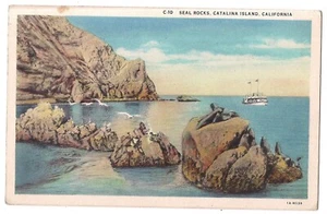 SEAL ROCKS Boot im Wasser Catalina Island Kalifornien CA Postkarte WB - Bild 1 von 2