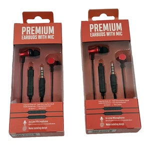 (2) Premium 35mm Wired Earbuds Headphones - Red With In Line Microphone - Picture 1 of 4