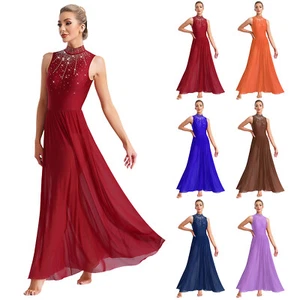 Womens Dresses Full Lenth Leotard Dress Lyrical Dance Dress Rhinestones Shiny - Picture 1 of 81