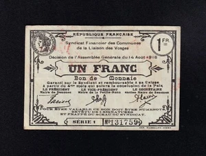 F.C. FRANCIA FRANCE , VOSGES , 1 FRANCO 1916 , MBC- (VF-) . - Imagen 1 de 2
